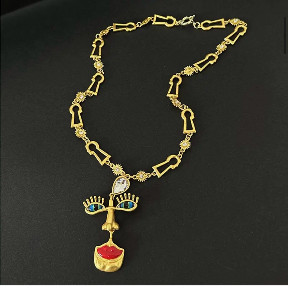 Schiaparelli Inspired Artistic Gold and Red Face Pendant Necklace